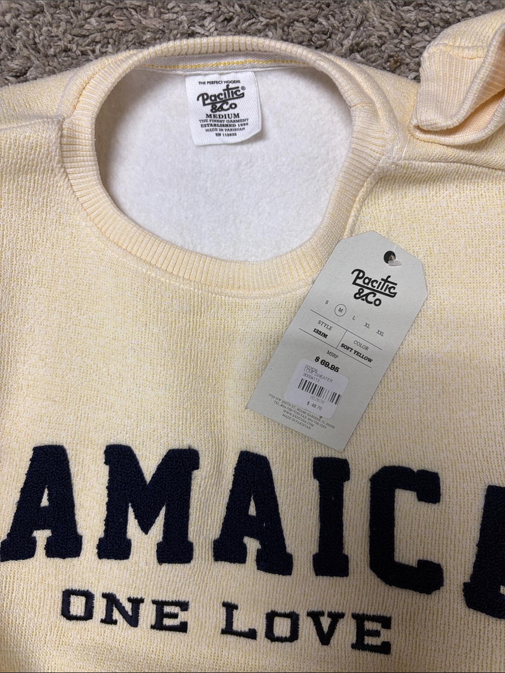Jamaica One Love Crewneck Sweatshirt - SOFT YELLOW with Navy Lettering NWT - Picture 2 of 3